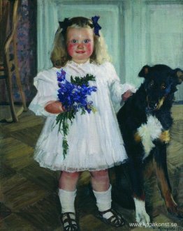 Porträtt av Irina Kustodiev med hunden Shumka