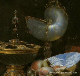 Stilleben med Holbein-skål, Nautilus-kopp, glasbägare och fruktf