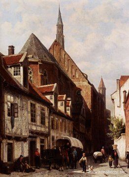 En Livlig Gata I Bremen Med Sankt Johann-kyrkan I Bakgrunden