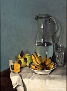 Stilleben med bananer, burk och cashewnötter 1870