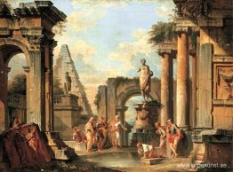 En capriccio av klassiska ruiner med Diogenes som kastar sin kop