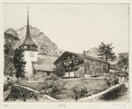 Kyrkan och tornet i Gsteig, i kantonen Bern, Schweiz