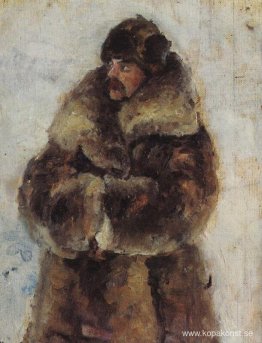 A. I. Surikov med päls. Studera till "Taking the snow town".