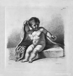 Cherub som sitter i akten att täcka, av Guercino