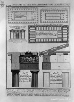 Plan, höjd och detaljer av doriska tempel i Grekland (från Le Ro