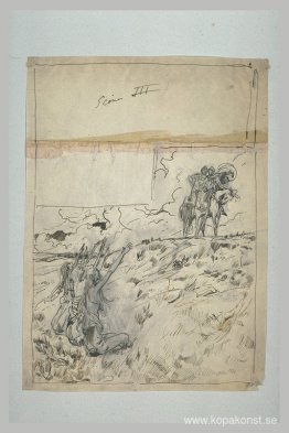 Utkast till illustration för Macbeth - tre häxor som sitter på h Utkast till illustration för Macbeth - tre häxor som sitter på h